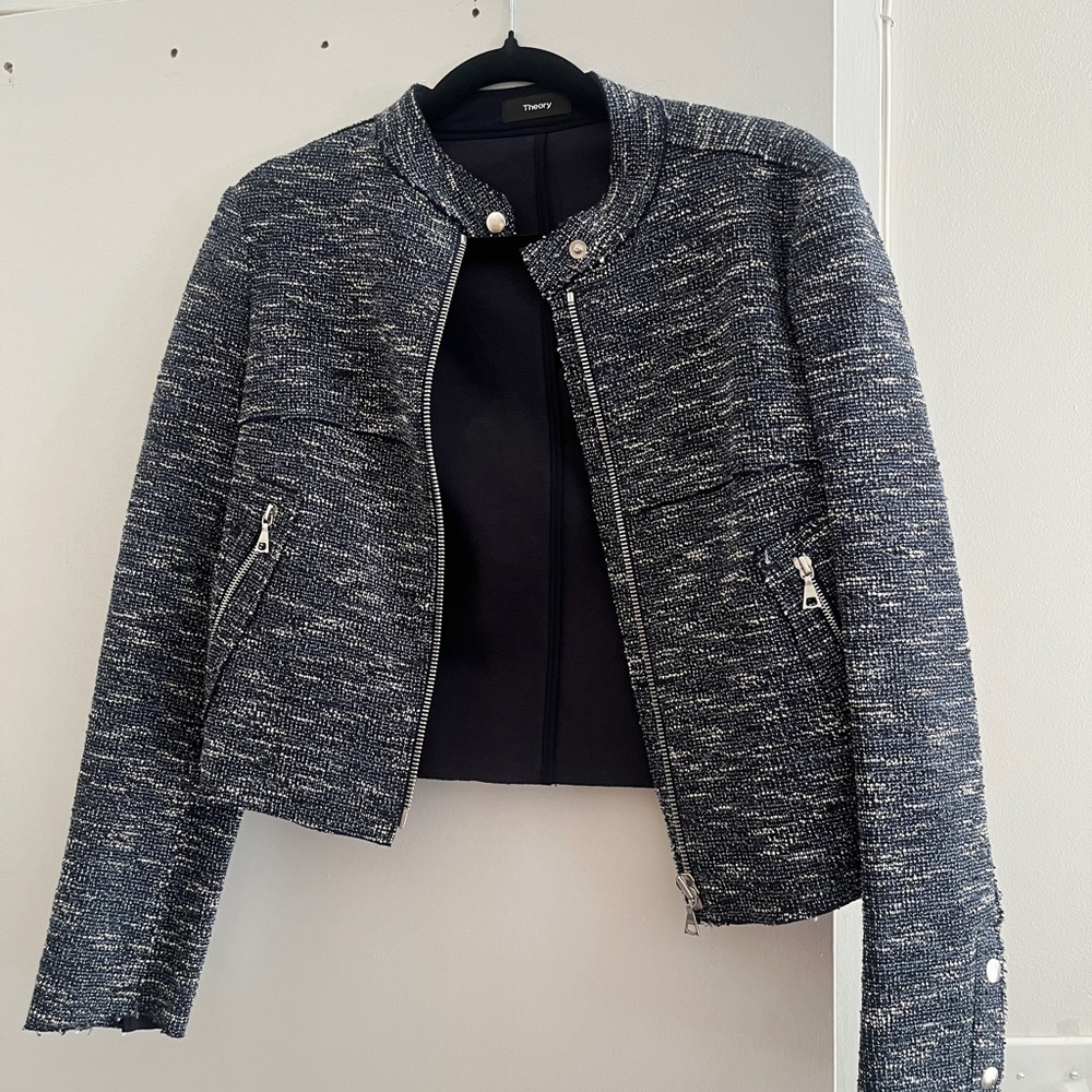 Theory Navy and White Tweed Zip Jacket
